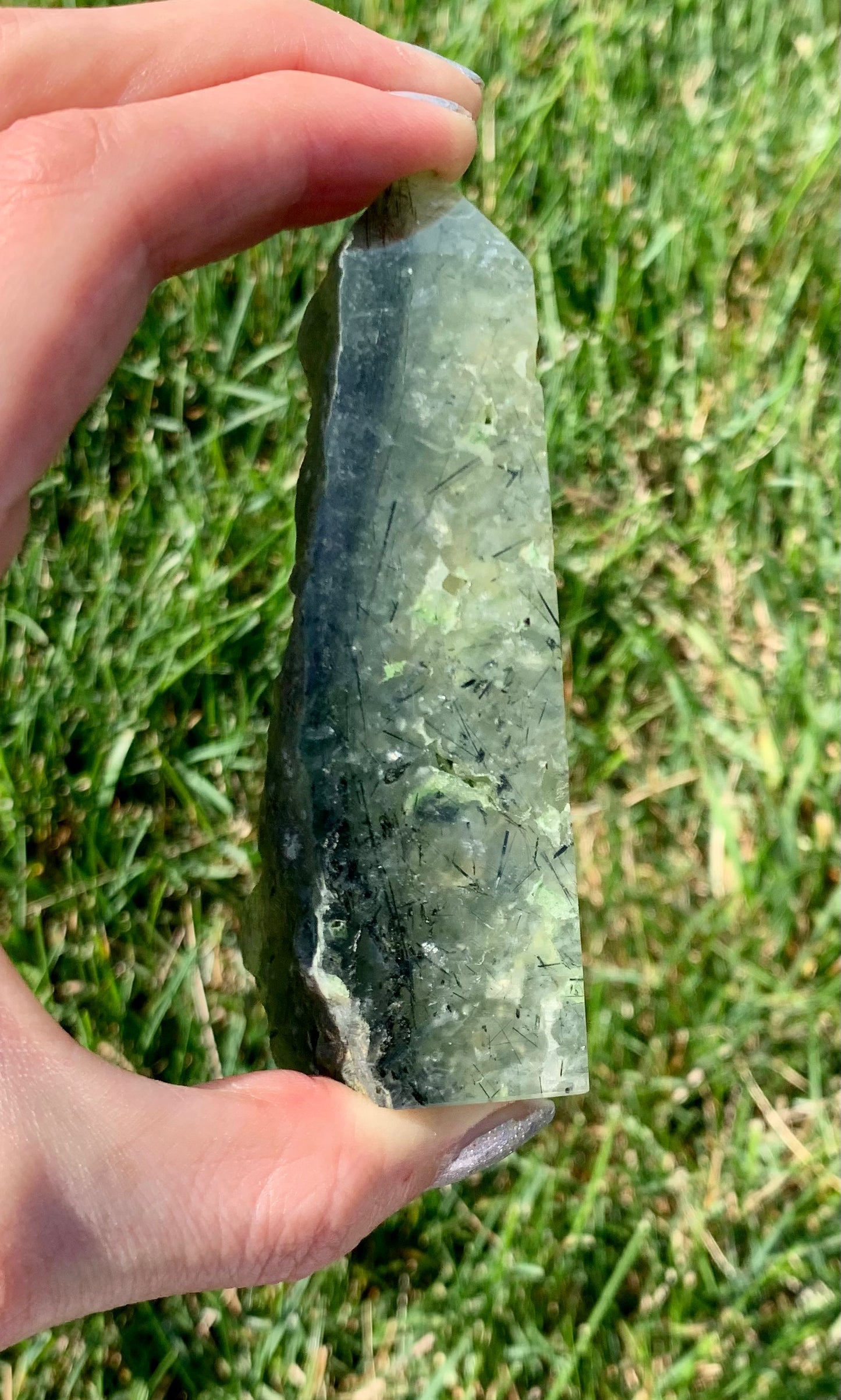 Prehnite Raw-Edge Tower with Rutile